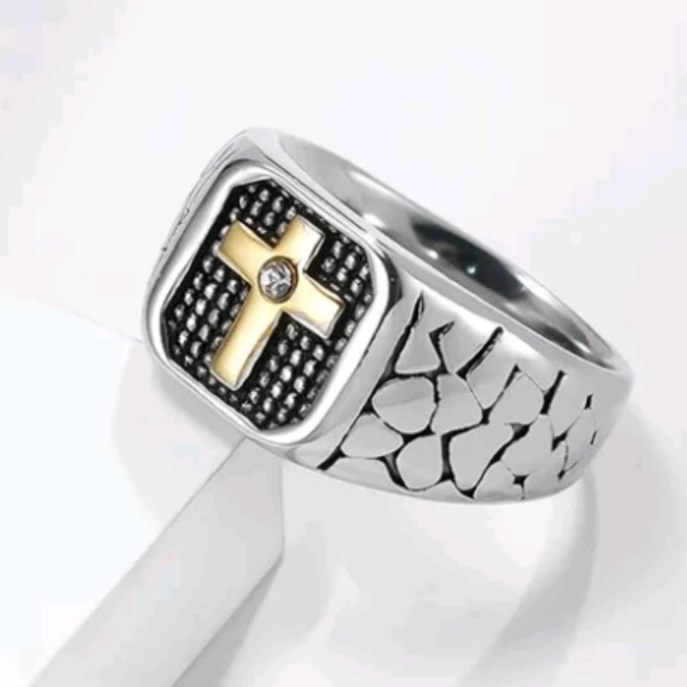 Silver Gold-toned & Black Mens Cross Ring Jewelry  Sizes 7 11 9 available